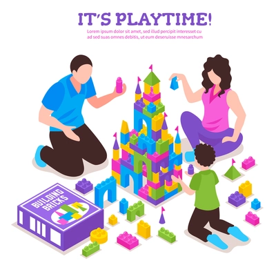 Toy constructor colorful isometric advertising poster with parents and child building castle from plastic bricks vector illustration