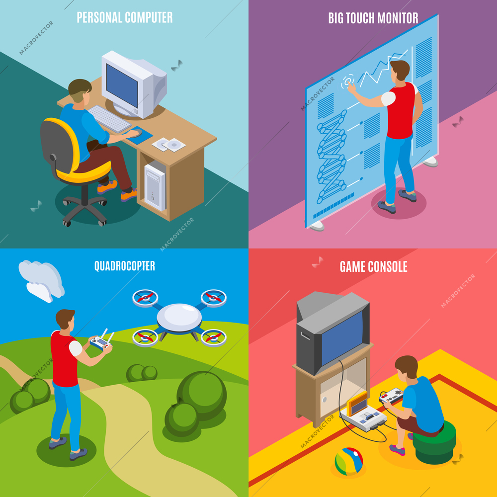 Digital gadget evolution isometric concept with personal computer touch monitor drone and game console isolated vector illustration