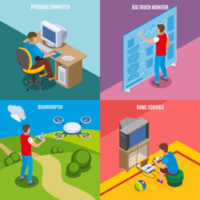 Digital gadget evolution isometric concept with personal computer touch monitor drone and game console isolated vector illustration