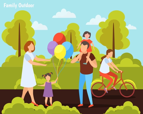 Family with kids summer weekend activities orthogonal composition with bike riding in countryside outdoor games vector illustration