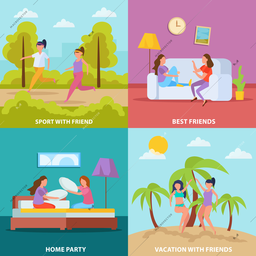 Girls friendship 4 orthogonal icons square concept with home party vacation and sporting together isolated vector illustration