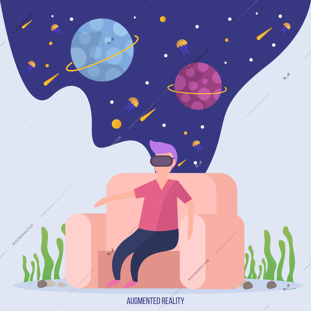 Virtual augmented reality orthogonal composition with man in armchair in vr headset gear cosmos journey vector illustration