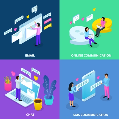 Virtual communication isometric 4 colorful background icons concept with email chat sms online dating isolated vector illustration
