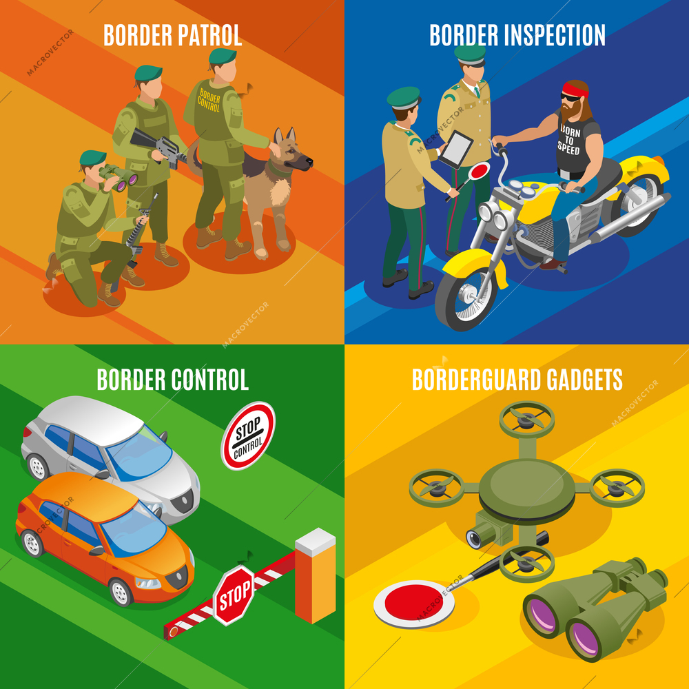 Border service isometric design concept with frontier control and inspection patrol and surveillance equipment isolated vector illustration