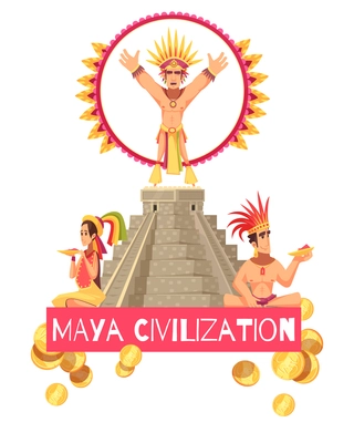 Maya civilization people and ancient teotihuacan pyramid on white background cartoon vector illustration