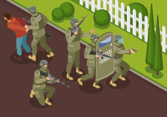 Military special forces during fighting terrorists isometric composition with detention of criminal vector illustration