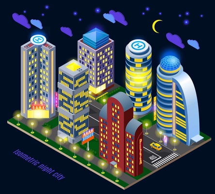 Night city with illuminated tall buildings and road infrastructure isometric composition on dark background vector illustration