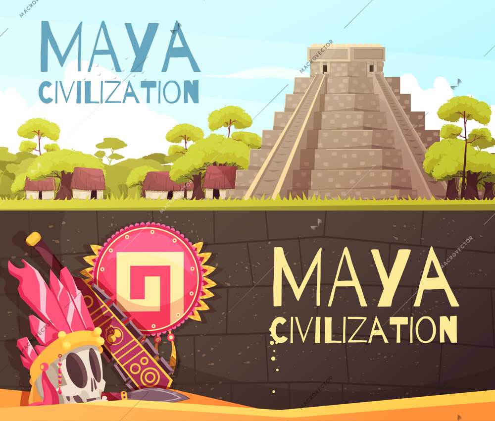 Cartoon set of two horizontal banners with maya civilization pyramid and accessories isolated vector illustration