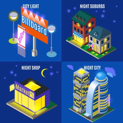 Night city with urban infrastructure elements shop sky scrapers and suburb isometric design concept isolated vector illustration