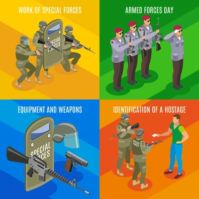 Military special forces isometric concept with professional holiday weapons and equipment hostage identification isolated vector illustration