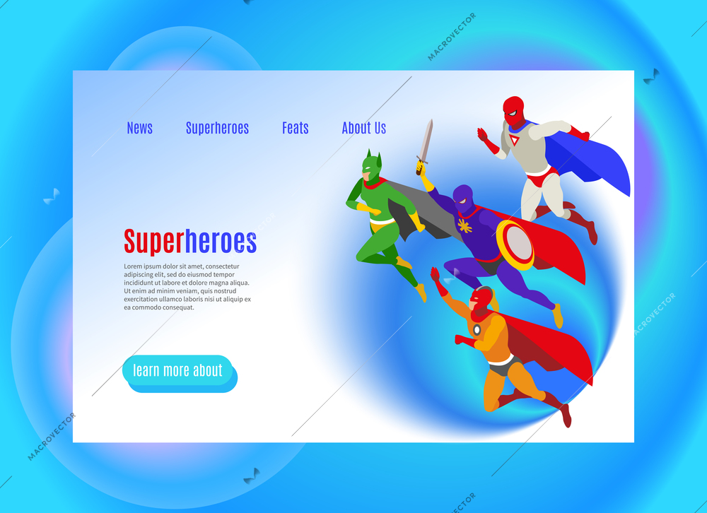 Super heroes in colorful costumes isometric landing page of web site with menu blue background vector illustration