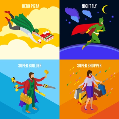 Super heroes builder and shopper people during pizza delivery night flight isometric design concept isolated vector illustration