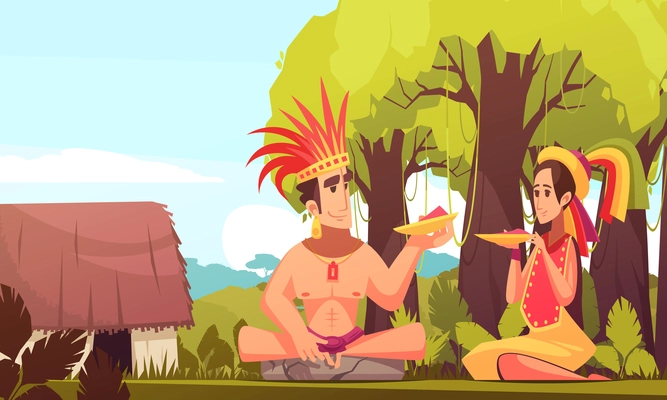 Man and woman from maya family wearing traditional costumes eating outdoors near their hut cartoon background vector illustration