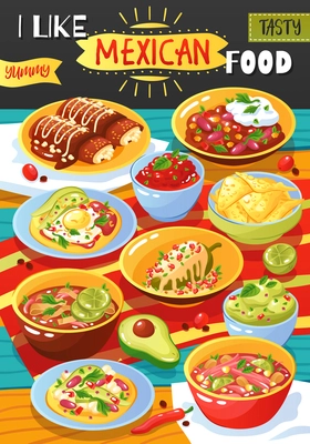 Traditional mexican food colorful restaurant cafe advertisement poster with hot chili saus chicken rolls sausages avocado vector illustration