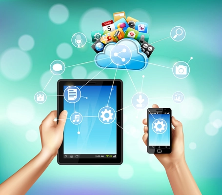 Data storage service realistic composition with hands holding tablet and phone with cloud symbol above vector illustration