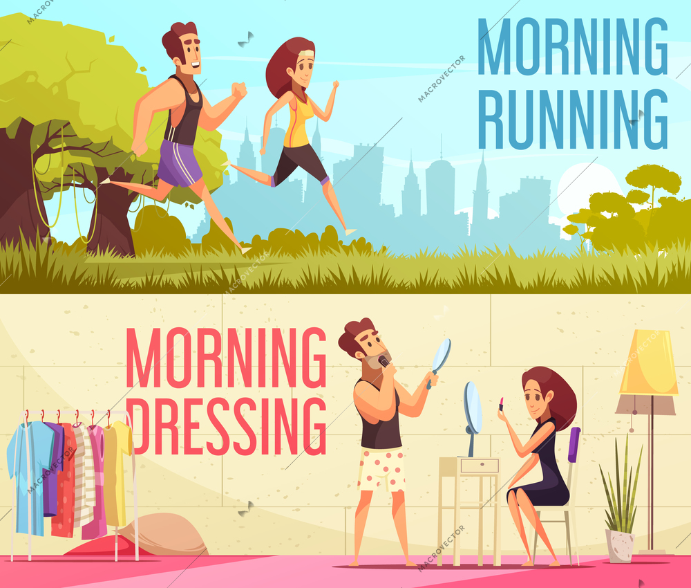 Cartoon horizontal banners set with young couple running and dressing together in morning isolated vector illustration