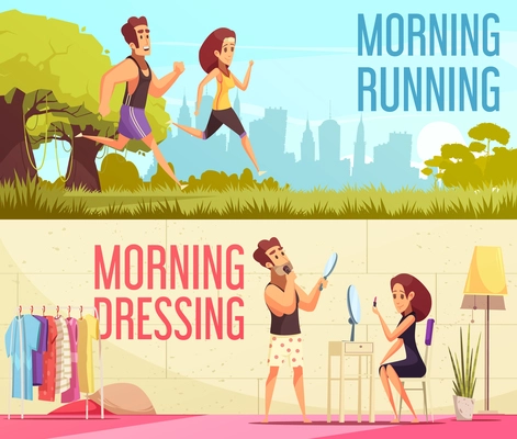 Cartoon horizontal banners set with young couple running and dressing together in morning isolated vector illustration