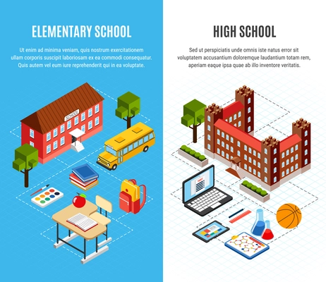 Education isometric vertical banners set with high and primary school buildings and objects for studying 3d isolated vector illustration