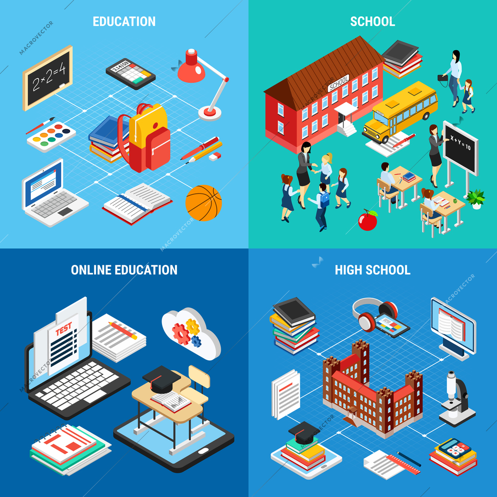 Education isometric 2x2 design concept with school buildings tools for studying in class or e-learning 3d isolated vector illustration