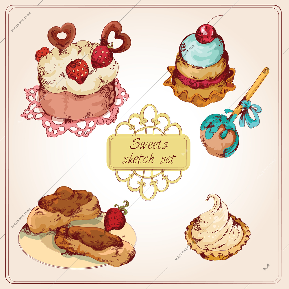 Food sweets bakery and pastry sketch colored set of strawberry cream cup cake isolated vector illustration