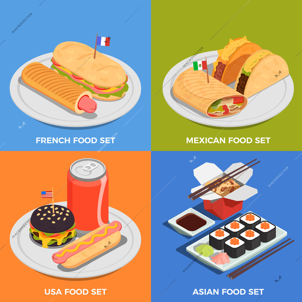 Street food concept icons set with French and Asian food symbols isometric isolated vector illustration