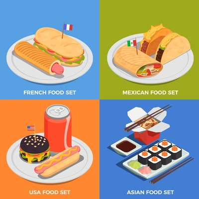 Street food concept icons set with French and Asian food symbols isometric isolated vector illustration