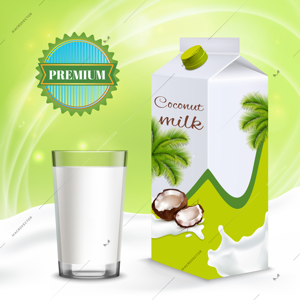 Coconut milk premium plant product for  vegetarians and vegans isometric composition with package and full glass vector illustration