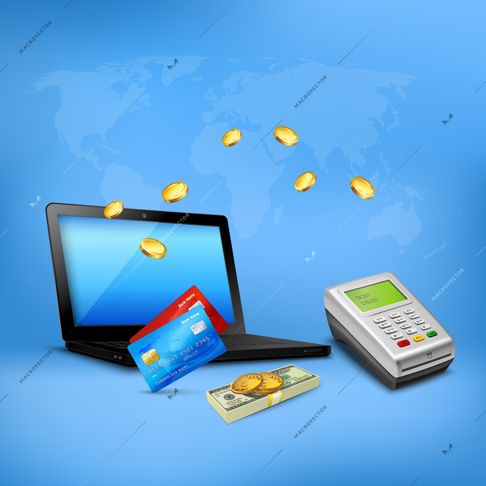 Money transfer realistic composition  with credit cards payment terminal laptop and cash on blue background vector illustration