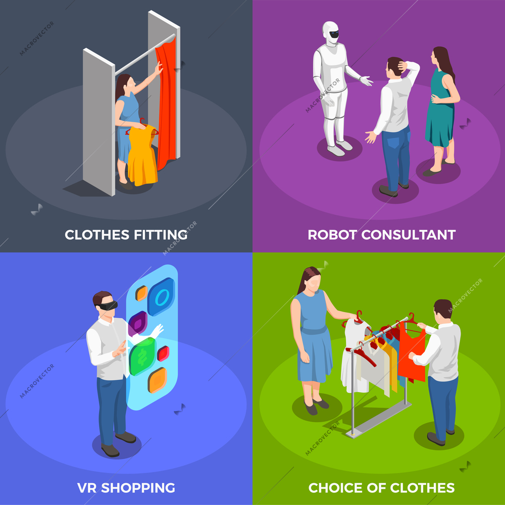 Consumers isometric concept icons set with clothes fitting isolated vector illustration