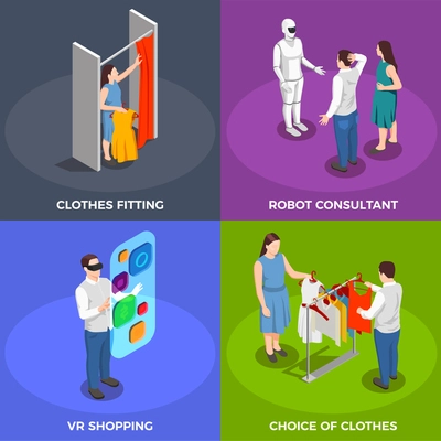 Consumers isometric concept icons set with clothes fitting isolated vector illustration