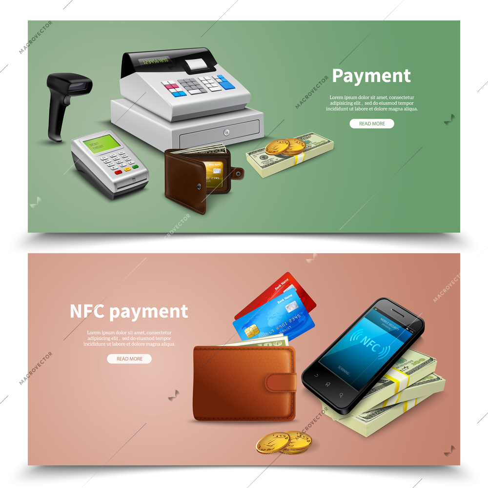 Set of horizontal banners realistic financial equipment with money and nfc payment colored background isolated vector illustration