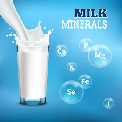 Milk drinking benefits realistic advertisement poster with pouring it into  glass and minerals symbols bubbles vector illustration