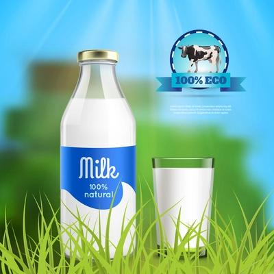 Milk natural ecological product realistic advertisement poster with bottle and full glass closeup in grass vector illustration