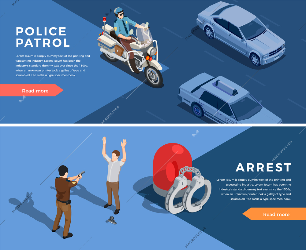 Police isometric horizontal banners set with police patrol symbols isolated vector illustration