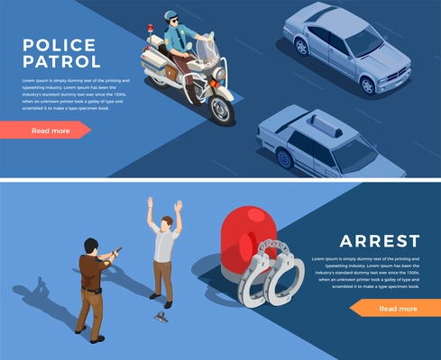 Police isometric horizontal banners set with police patrol symbols isolated vector illustration