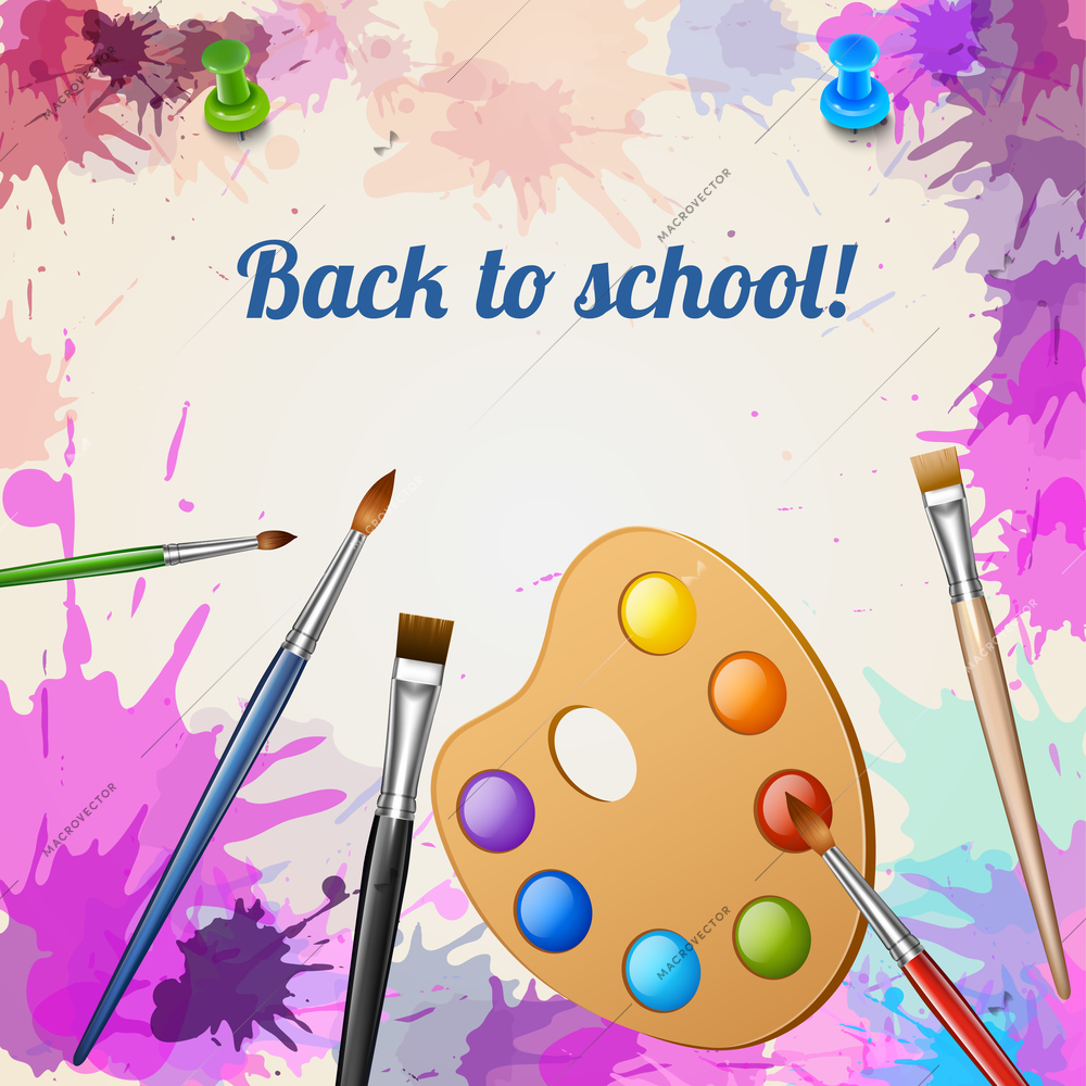 Back to school realistic poster with palette and brushes on abstract background painted with watercolor blots vector illustration