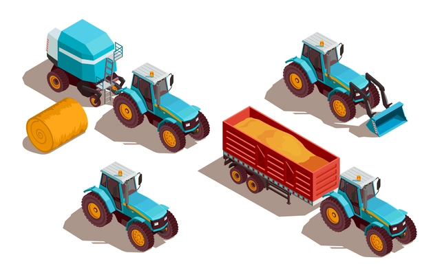 Agricultural machines isometric composition with tractor and grain isolated vector illustration