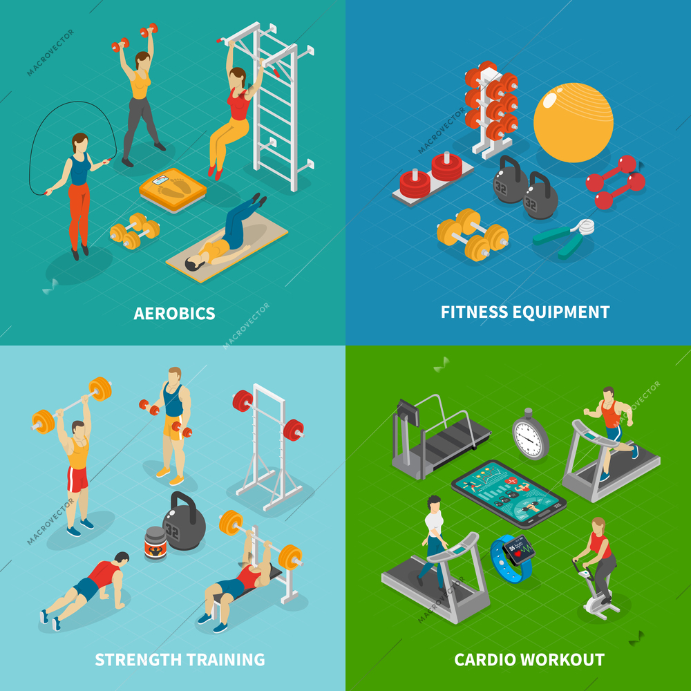 Fitness isometric design concept with four compositions of gymnastic apparatus images and human characters of athletes vector illustration