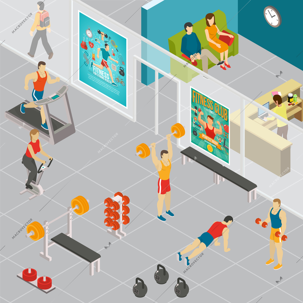 Fitness isometric composition with indoor view of gymnastic area turnhalls with human characters of attending people vector illustration