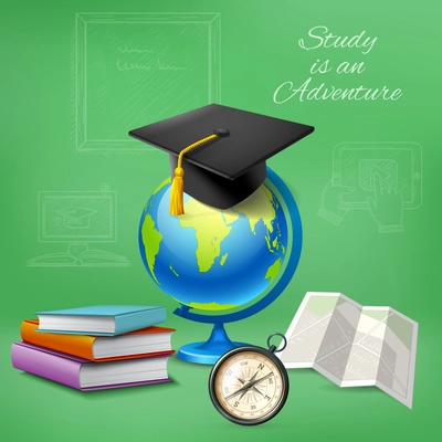 Education design concept with notebooks compass and master hat on globe realistic icons vector illustration