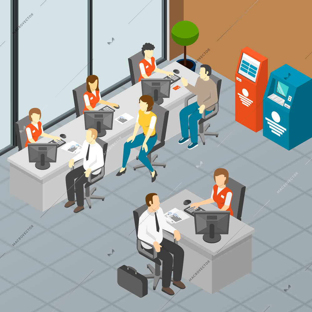 Bank isometric composition with indoor view of bank branch lobby with female clerks and customer characters vector illustration