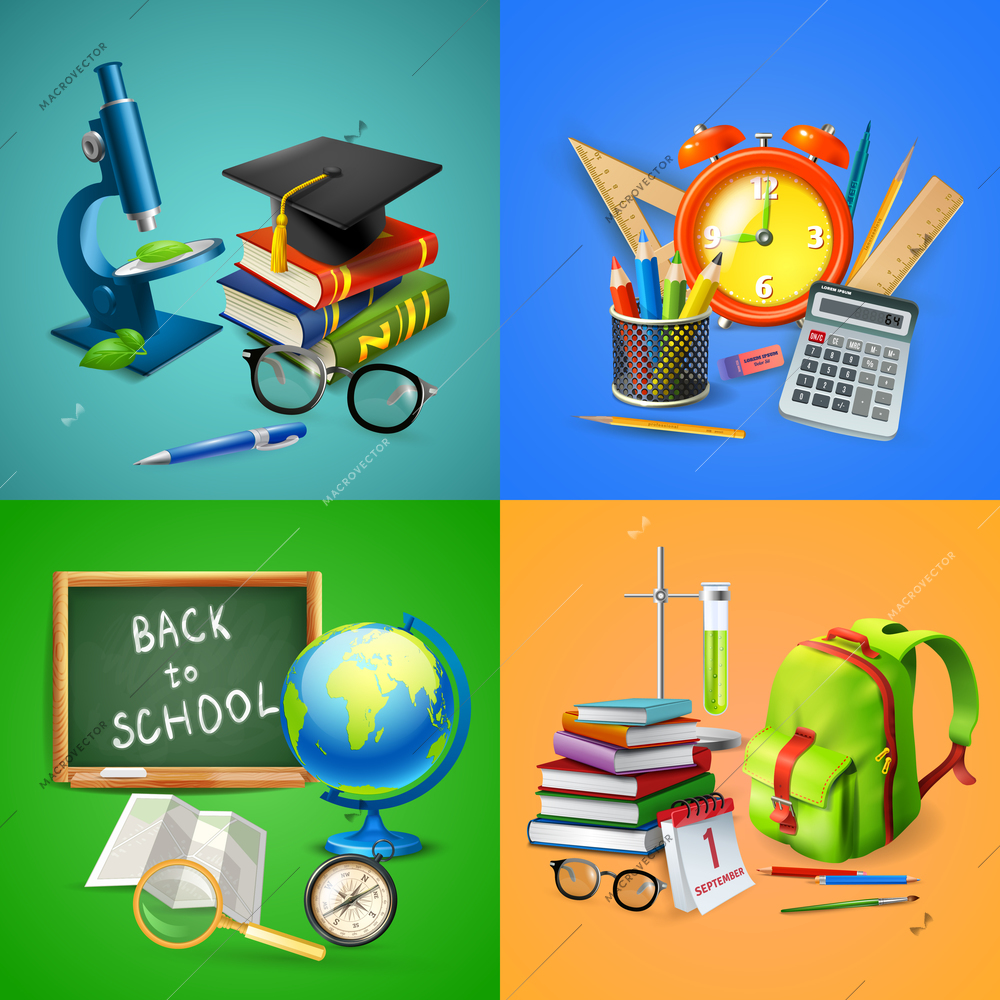 School 2x2 design concept with pupil backpack globe blackboard school supplies microscope and master hat realistic vector illustration