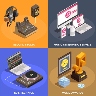 Music industry isometric concept icons set with music awards symbols isolated vector illustration