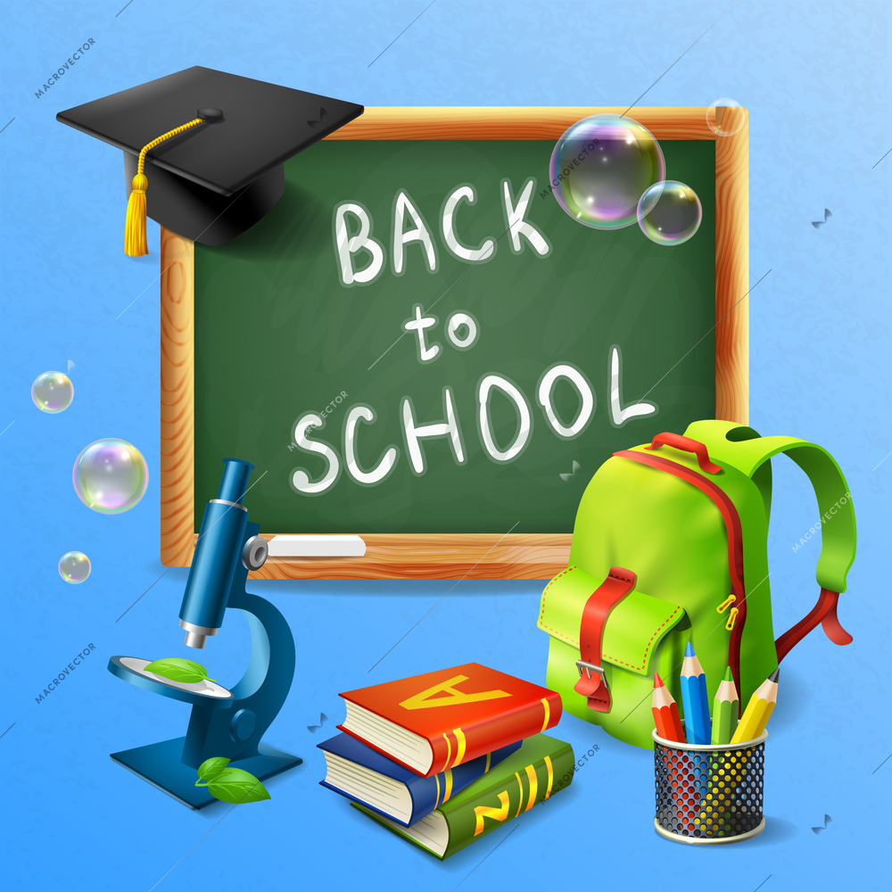 Back to school realistic background with blackboard school bag tutorials microscope vector illustration