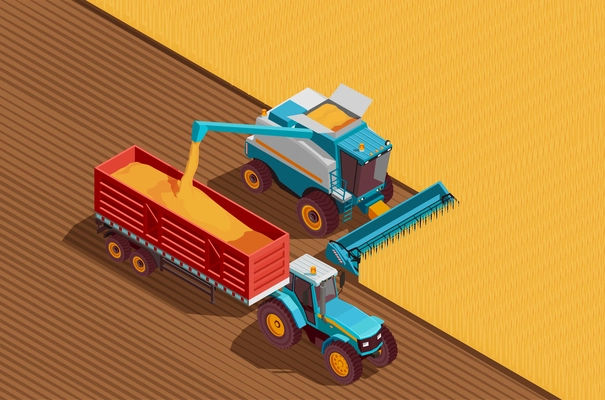 Agricultural machines isometric background with grain and harvest symbols vector illustration