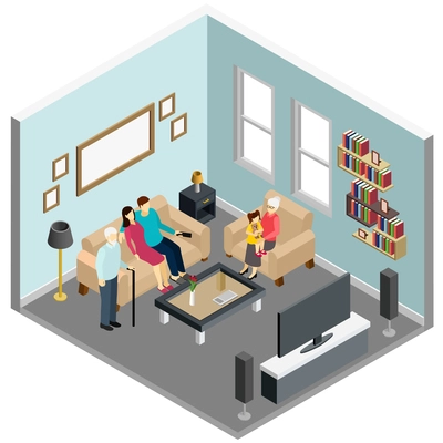 Family home living room interior isometric composition with couple watching tv grandma sitting with kid vector illustration