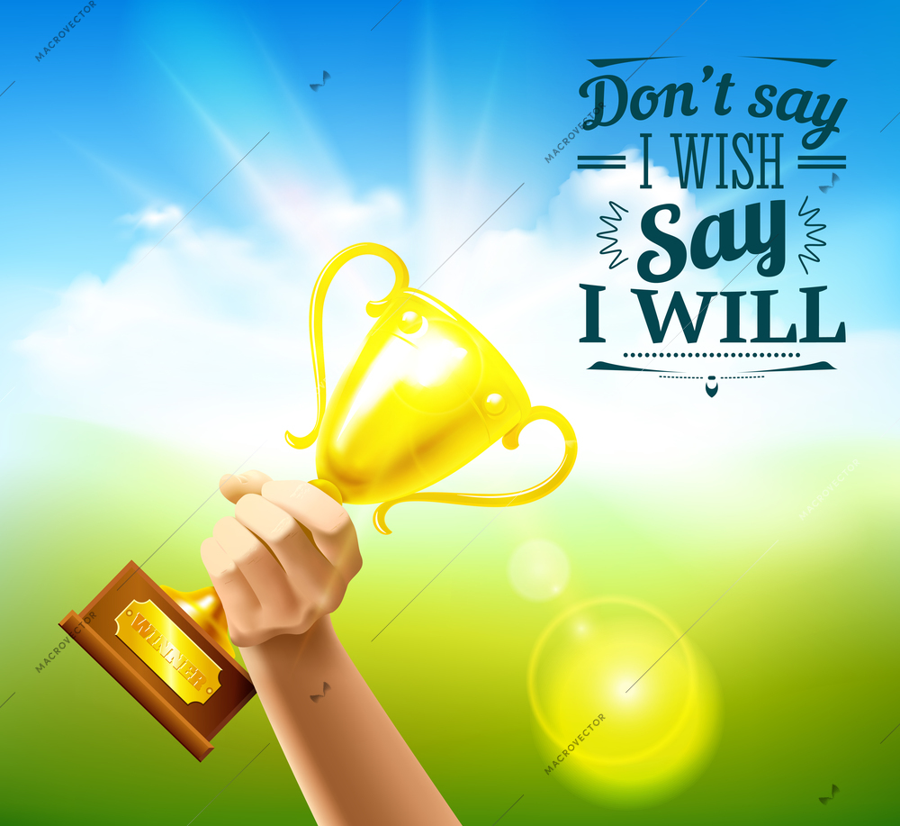 Sports quotes with victory cup and wish symbols realistic vector illustration