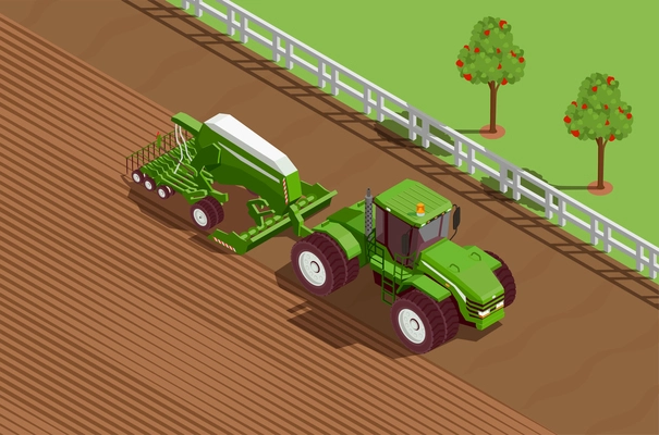 Agricultural machines isometric background with plough and soil symbols vector illustration