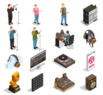 Music industry isometric icons set with recording studio symbols isolated vector illustration