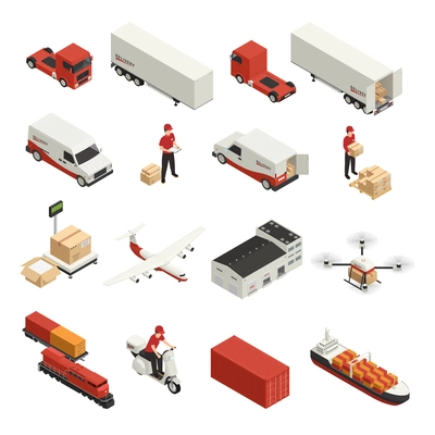 Cargo transportation isometric icons logistic delivery by various vehicles and drone technology isolated vector illustration